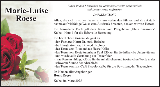 Traueranzeige von Marie-Luise Roese von Volksstimme Altmark West
