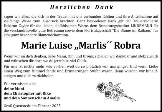 Traueranzeige von Marie Luise Robra von Volksstimme Halberstadt