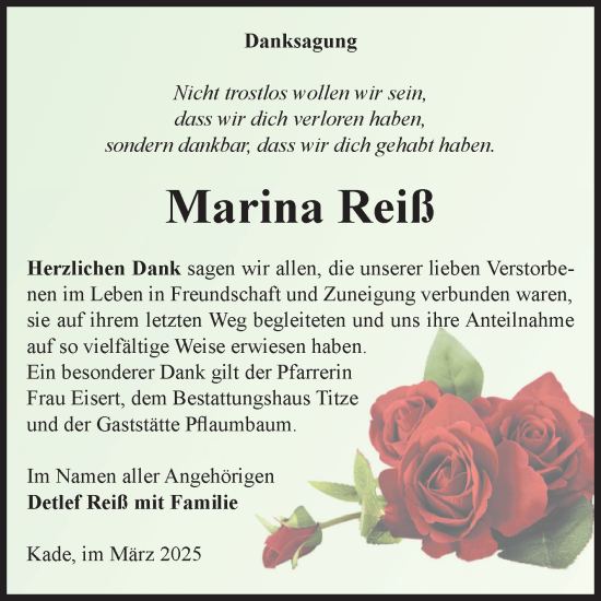 Traueranzeige von Marina Reiß von Volksstimme Burg/Genthin