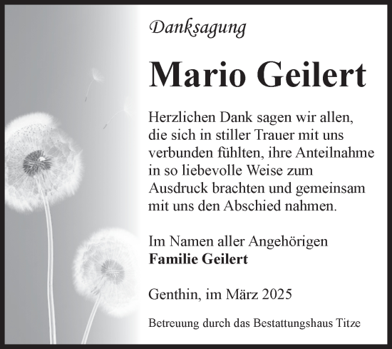 Traueranzeige von Mario Geilert von Volksstimme Burg/Genthin