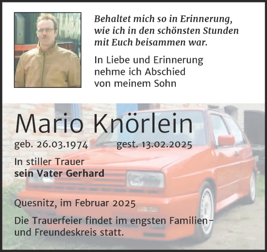 Traueranzeige von Mario Knörlein von Trauerkombi Zeitz