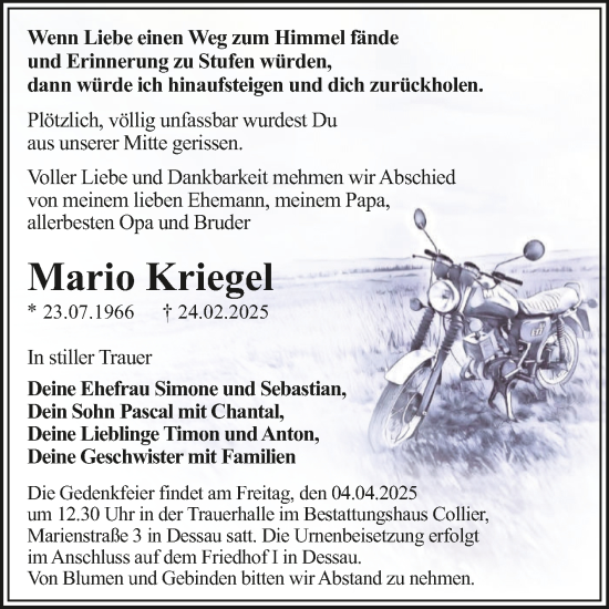 Traueranzeige von Mario Kriegel von Trauerkombi Dessau