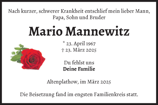 Traueranzeige von Mario Mannewitz 