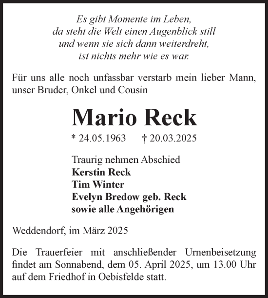 Traueranzeige von Mario Reck von Volksstimme Altmark West