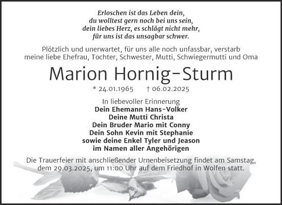 Traueranzeige von Marion Hornig-Sturm von Trauerkombi Bitterfeld