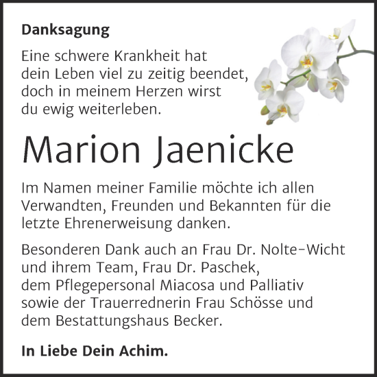 Traueranzeige von Marion Jaenicke von Trauerkombi Sangerhausen