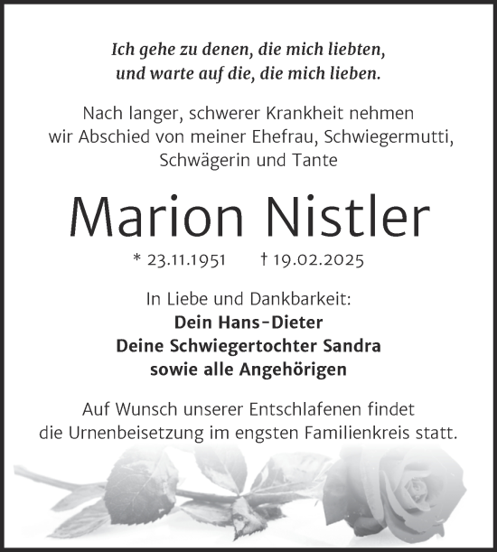 Traueranzeige von Marion Nistler von Trauerkombi Mansfelder Land