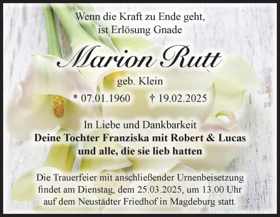 Traueranzeige von Marion Rutt von Volksstimme Magdeburg