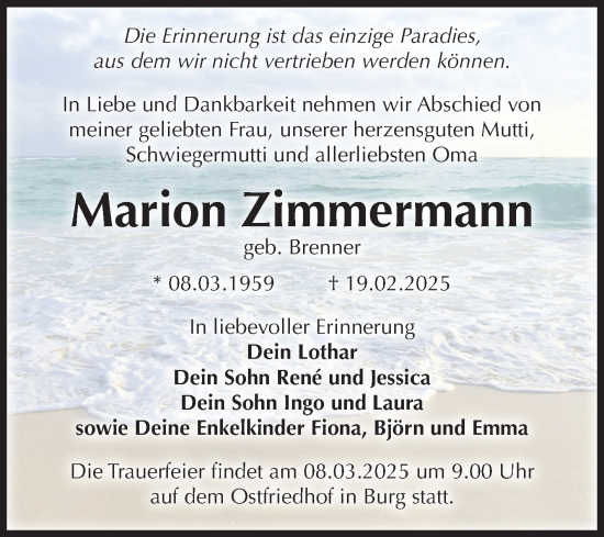 Traueranzeige von Marion Zimmermann von Volksstimme Burg/Genthin