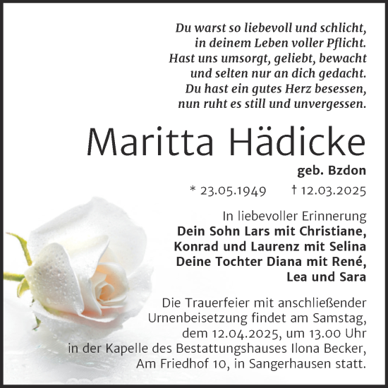 Traueranzeige von Maritta Hädicke von Trauerkombi Mansfelder Land