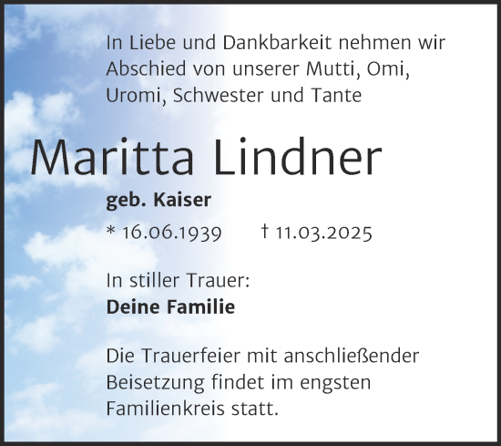 Traueranzeige von Maritta Lindner von Mitteldeutsche Zeitung Halle/Saalkreis