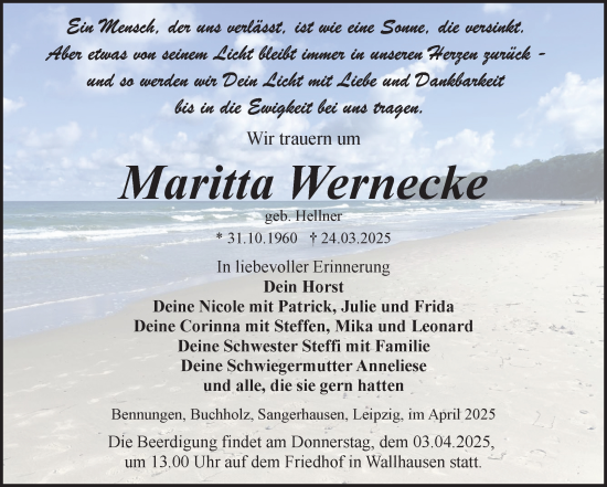 Traueranzeige von Maritta Wernecke von Mitteldeutsche Zeitung Sangerhausen
