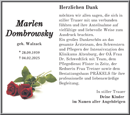 Traueranzeige von Marlen Dombrowsky von Trauerkombi Zeitz