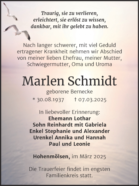 Traueranzeige von Marlen Schmidt von Trauerkombi Weißenfels