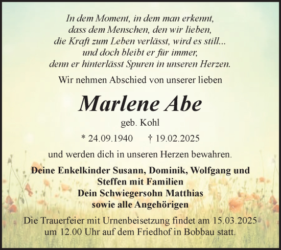 Traueranzeige von Marlene Abe von Trauerkombi Bitterfeld