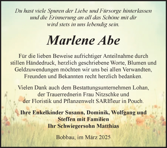 Traueranzeige von Marlene Abe von Trauerkombi Bitterfeld