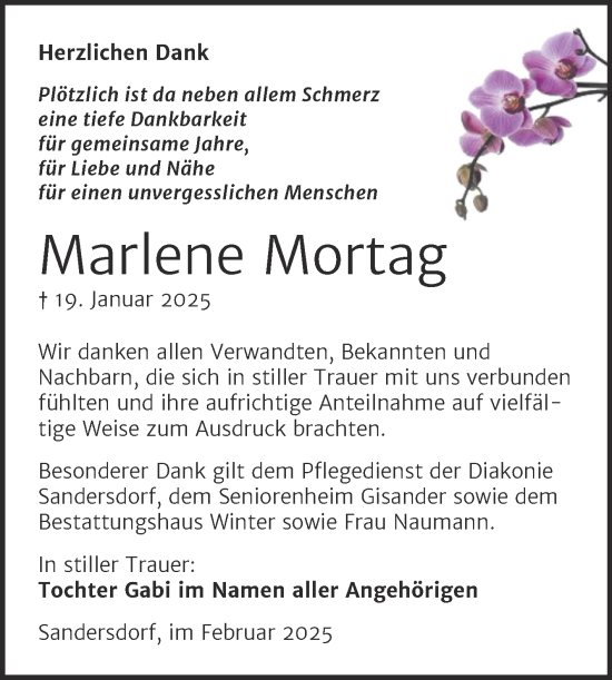 Traueranzeige von Marlene Mortag von Trauerkombi Bitterfeld