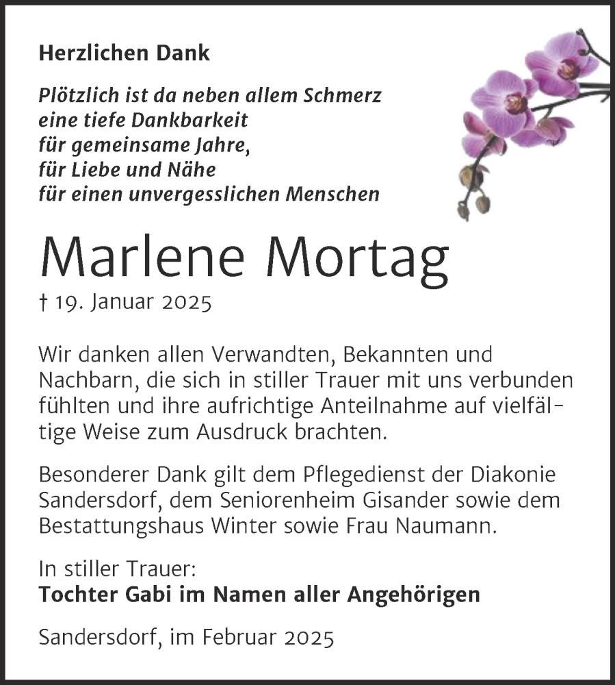  Traueranzeige für Marlene Mortag vom 01.03.2025 aus Trauerkombi Bitterfeld