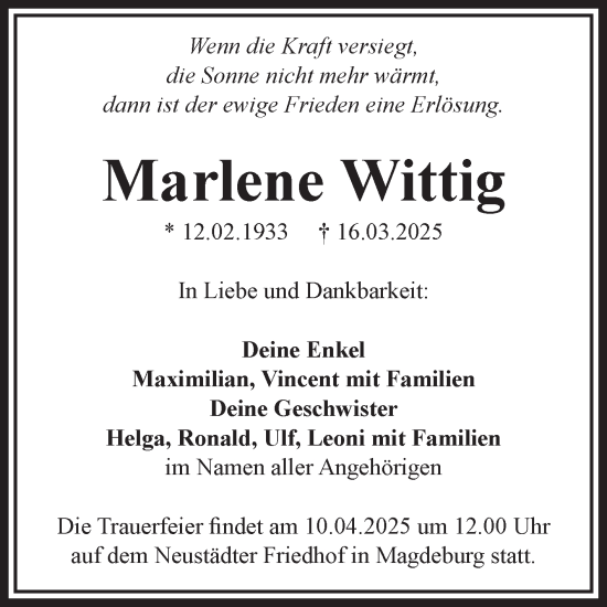 Traueranzeige von Marlene Wittig von Volksstimme Magdeburg