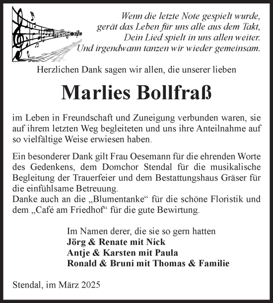 Traueranzeige von Marlies Bollfraß von Volksstimme Altmark Ost