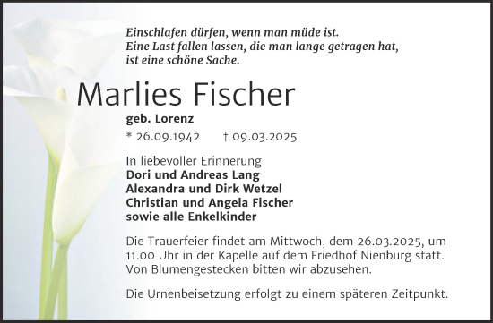 Traueranzeige von Marlies Fischer von Trauerkombi Bernburg
