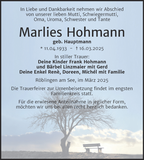 Traueranzeige von Marlies Hohmann von Trauerkombi Mansfelder Land