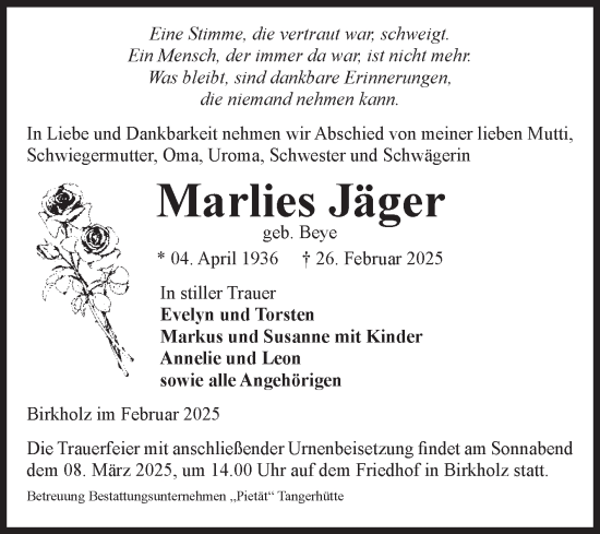 Traueranzeige von Marlies Jäger von Volksstimme Altmark Ost
