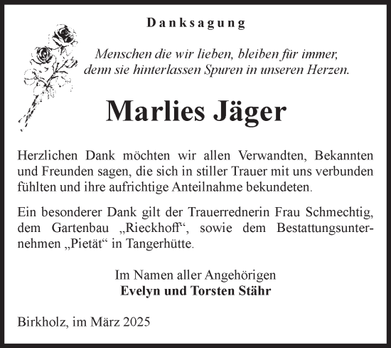 Traueranzeige von Marlies Jäger von Volksstimme Altmark Ost