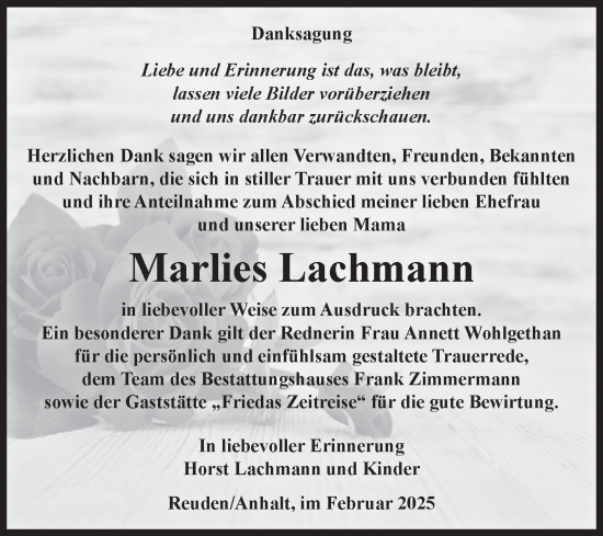 Traueranzeige von Marlies Lachmann von Volksstimme Zerbst