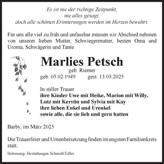 Traueranzeige von Marlies Petsch von Volksstimme Schönebeck