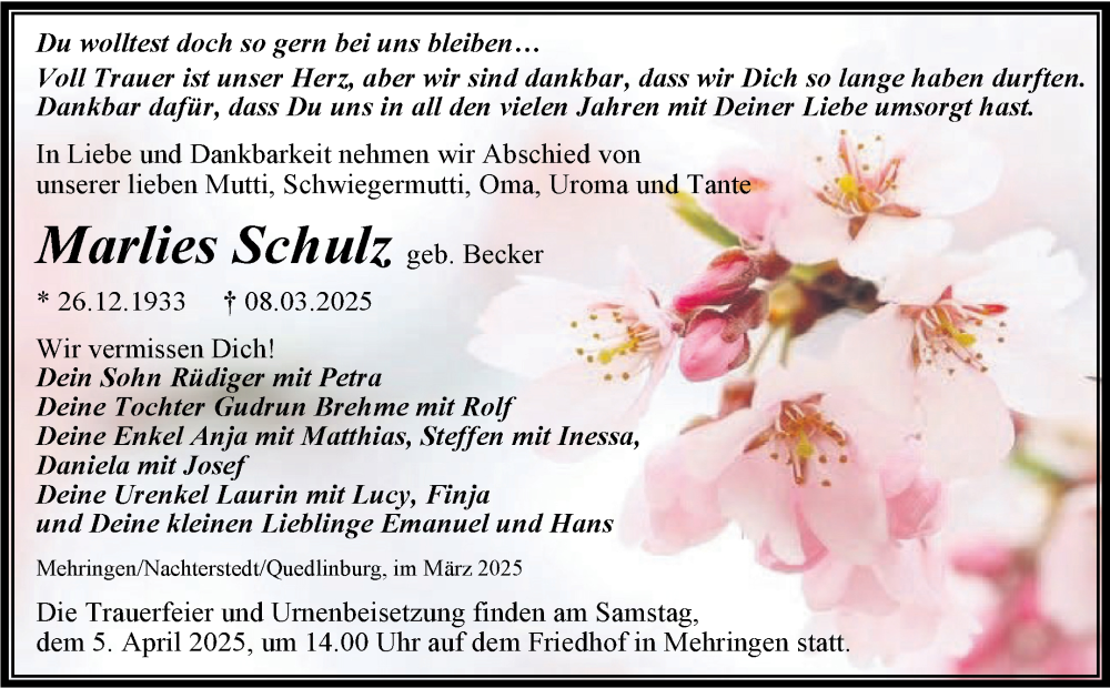  Traueranzeige für Marlies Schulz vom 15.03.2025 aus Trauerkombi Aschersleben