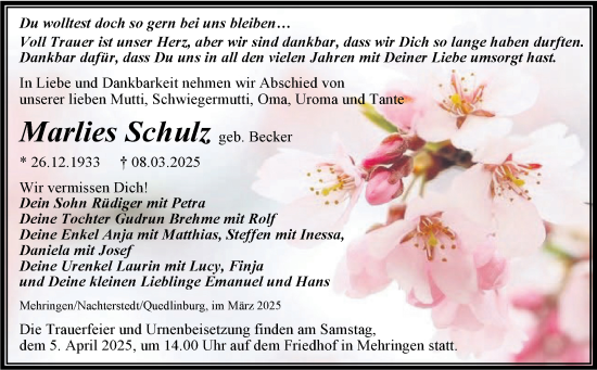 Traueranzeige von Marlies Schulz von Trauerkombi Aschersleben