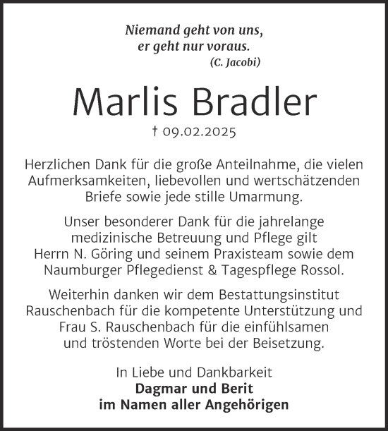 Traueranzeige von Marlis Bradler von Naumburger Tageblatt