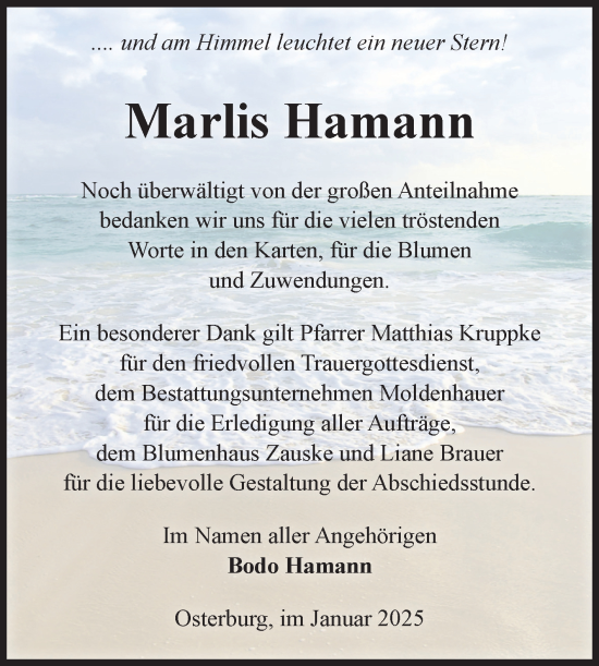 Traueranzeige von Marlis Hamann von Volksstimme Altmark Ost