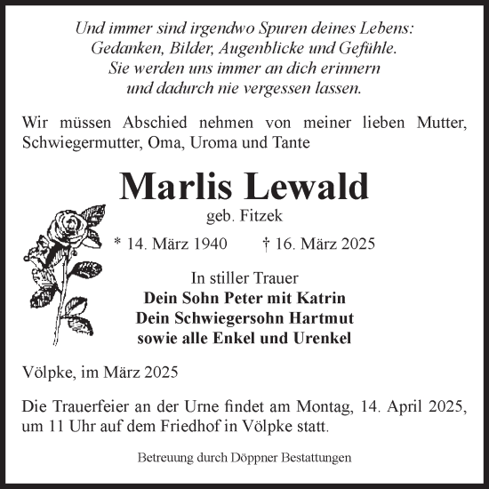 Traueranzeige von Marlis Lewald von Volksstimme Oschersleben/Wanzleben
