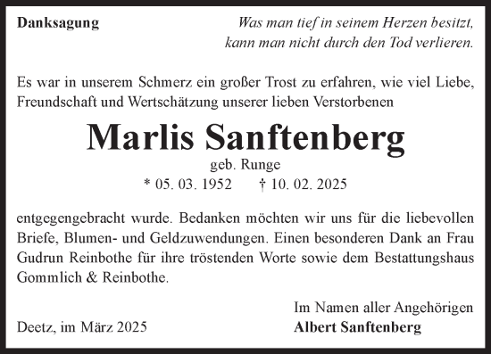 Traueranzeige von Marlis Sanftenberg von Volksstimme Zerbst