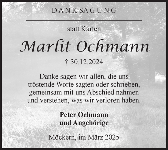 Traueranzeige von Marlit Ochmann von Volksstimme Burg/Genthin