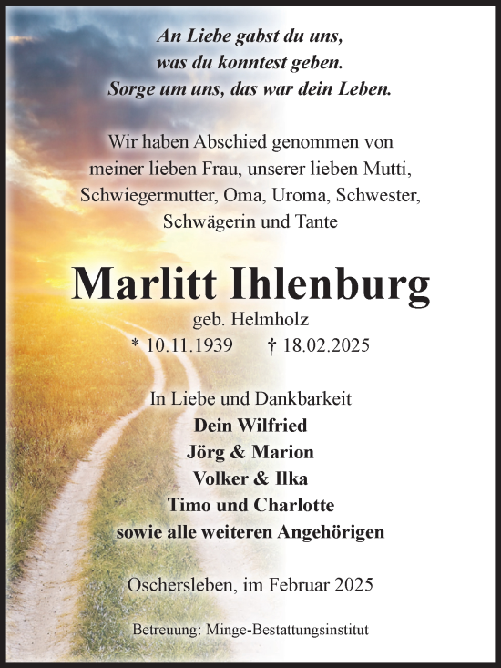 Traueranzeige von Marlitt Ihlenburg von Volksstimme Oschersleben/Wanzleben