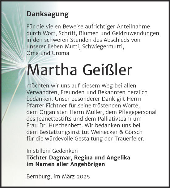 Traueranzeige von Martha Geißler von Trauerkombi Bernburg