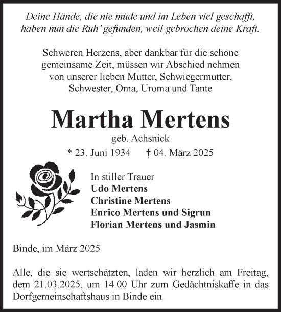 Traueranzeige von Martha Mertens von Volksstimme Altmark West