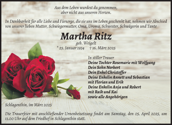 Traueranzeige von Martha Ritz von Volksstimme Burg/Genthin