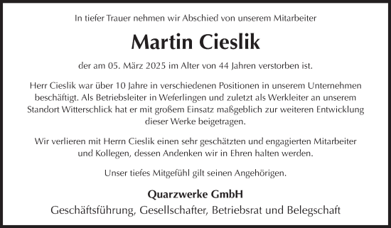 Traueranzeige von Martin Cieslik von Volksstimme Haldensleben/Wolmirstedt