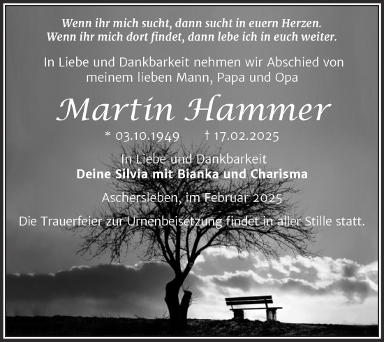 Traueranzeige von Martin Hammer von Trauerkombi Aschersleben