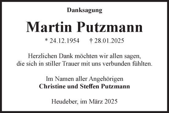Traueranzeige von Martin Putzmann von Volksstimme Wernigerode