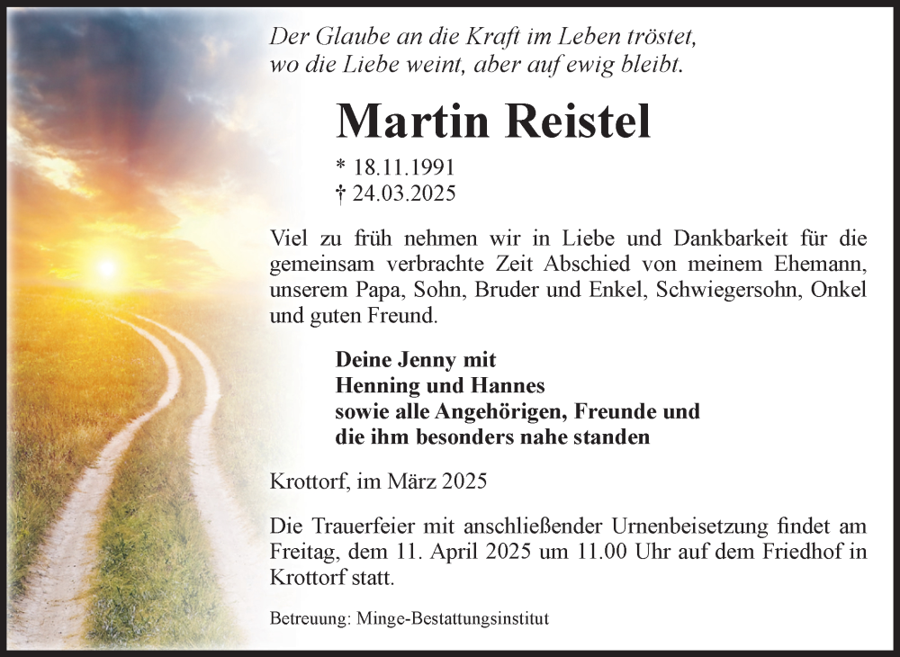  Traueranzeige für Martin Reistel vom 29.03.2025 aus Volksstimme Oschersleben/Wanzleben