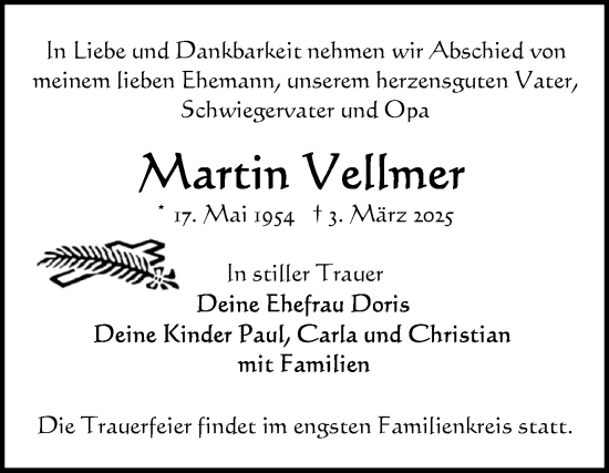 Traueranzeige von Martin Vellmer von Volksstimme Altmark Ost