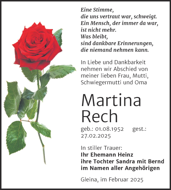 Traueranzeige von Martina Rech von Super Sonntag Naumburg/Nebra