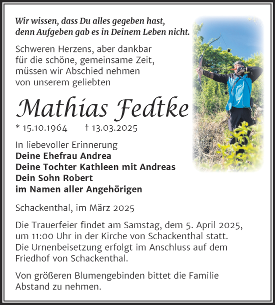 Traueranzeige von Mathias Fedtke von Trauerkombi Aschersleben