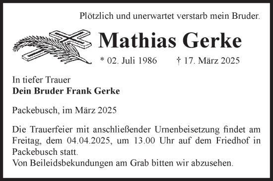 Traueranzeige von Mathias Gerke von Volksstimme Altmark West