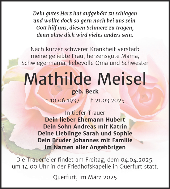 Traueranzeige von Mathilde Meisel von Trauerkombi Merseburg